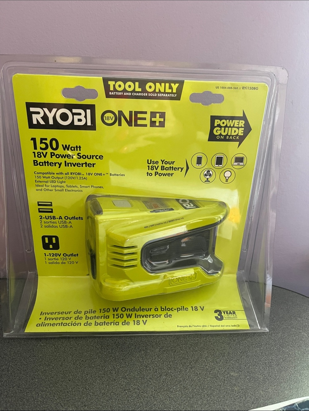 RYOBI ONE+ 150W 18V Battery Power Inverter - Yellow